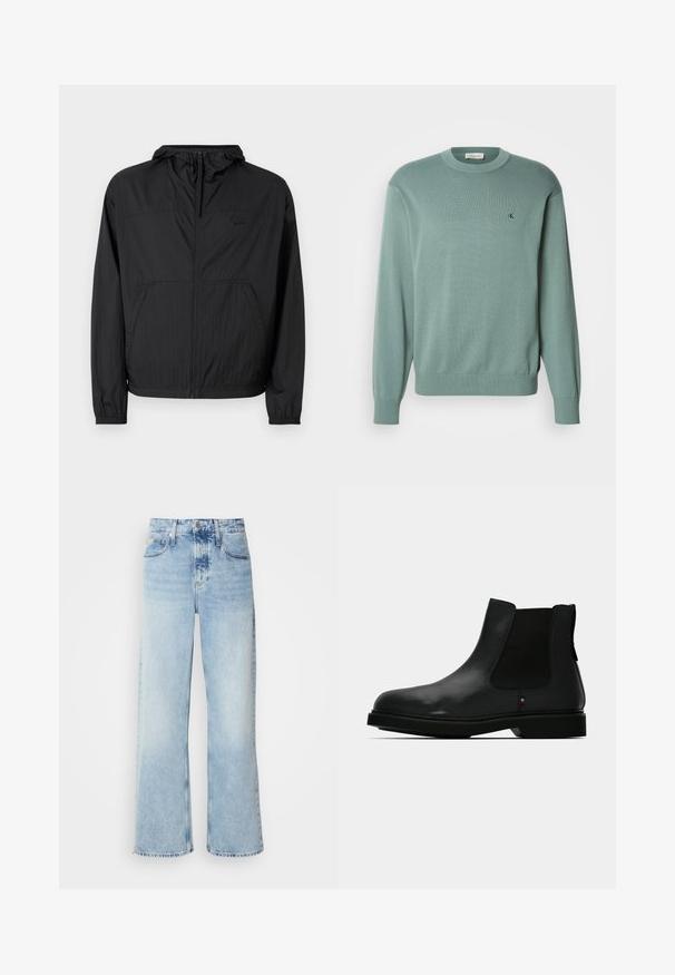 Schwarze leichte Jacke mit Kapuze, voller Reißverschluss, elastischen Bündchen und Seitentaschen. Verfügt über ein dezentes Logo auf der Brust. Strukturierter Stoff.; Hellgrüner Strickpullover mit Rundhalsausschnitt, langen Ärmeln und gerippten Bündchen. Auffälliges kleines Logo auf der Brust. Die Textur wirkt weich.; Helle blaue weite Jeans mit hoher Taille, in verwaschenem Finish, mit Gürtelschlaufen und klassischem Fünf-Taschen-Design. Der Saum ist ungesäumt.; Schwarzer Chelsea-Stiefel aus Leder mit elastischen Seitenteilen, rundem Zehenbereich und strukturierter Oberseite. Verfügt über eine flache Gummisohle und dezente Markenakzente.
