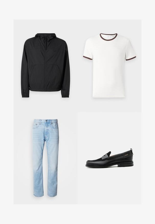 Chaqueta ligera negra con capucha, cremallera completa, puños elásticos y bolsillos laterales. Presenta un logotipo sutil en el pecho. Tejido texturizado.; Camiseta blanca de manga corta con cuello y dobladillos de las mangas en color marrón, fabricada en suave material de algodón. Diseño simple y clásico.; Vaqueros de mezclilla azul claro con corte recto, con secciones desgastadas, diseño de cinco bolsillos y cierre de botones clásico.; Mocasín de cuero negro con detalle de tira gris, tacón bajo y suela texturizada, con la marca "HUGO" en oro en el lateral.