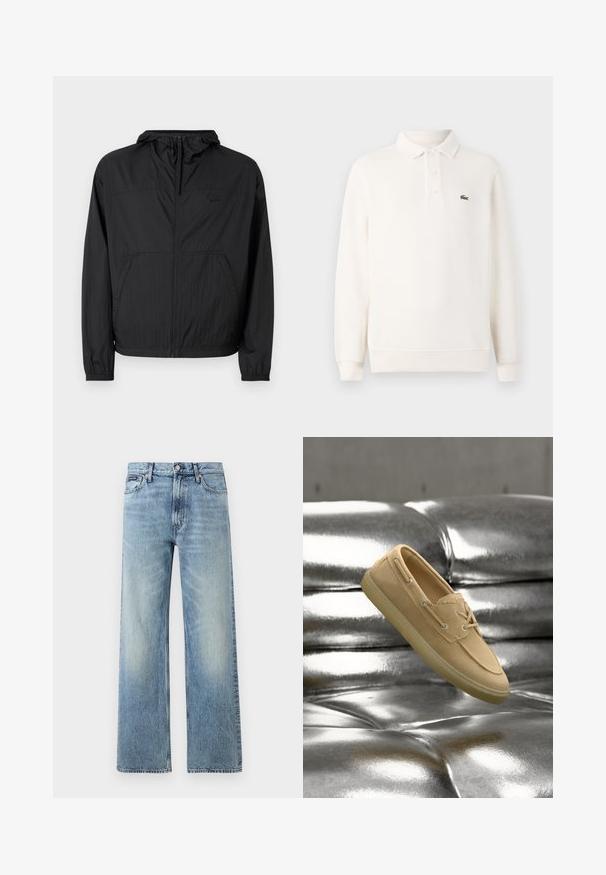 Chaqueta ligera negra con capucha, cremallera completa, puños elásticos y bolsillos laterales. Presenta un logotipo sutil en el pecho. Tejido texturizado.; Camisa polo de manga larga en crema pálido, de punto texturizado, con tapeta de tres botones y un logo verde bordado en el pecho.; Vaqueros de mezclilla azul claro de corte recto con cintura alta, cinco bolsillos, cierre de botón y sutil desgaste en los muslos y las rodillas.; Zapato náutico de ante beige con detalles de cordones, flotando sobre una superficie de cuero plateado metálico brillante y capitoné.