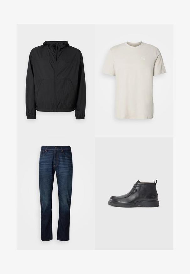 Chaqueta ligera negra con capucha, cremallera completa, puños elásticos y bolsillos laterales. Presenta un logotipo sutil en el pecho. Tejido texturizado.; Camiseta beige de algodón con cuello redondo y mangas cortas, con pequeño logo blanco "cK" en el lado izquierdo del pecho.; Vaqueros de pierna recta azul oscuro con líneas horizontales desgastadas en los muslos, cierre frontal con botón y diseño clásico de cinco bolsillos.; Botas de cuero negras hasta el tobillo con punta redondeada, diseño con cordones y una lengüeta en la parte trasera. Parte superior texturizada y suela de goma.
