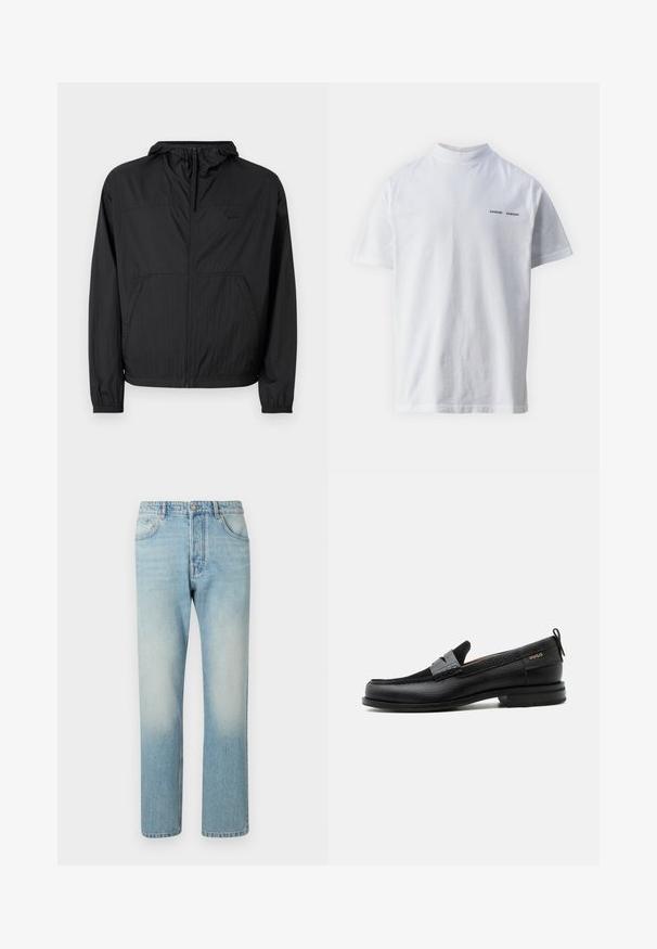Sort letvægtsjakke med hætte, fuld lynlås, elastiske manchetter og sidelommer. Har et diskret logo på brystet. Tekstureret stof.; Hvid bomulds t-shirt med høj halsudskæring og korte ærmer. Har "SAMSØE SAMSØE" logo i sort på forsiden. Glat tekstur.; Lyseblå jeans lavet af denim, med et lige ben-design, fem lomme-struktur og falmet vaskeffekt ved lårene.; Sort læderloafer med grå remdetalje, lav hæl og tekstureret sål, mærket med "HUGO" i guld på siden.