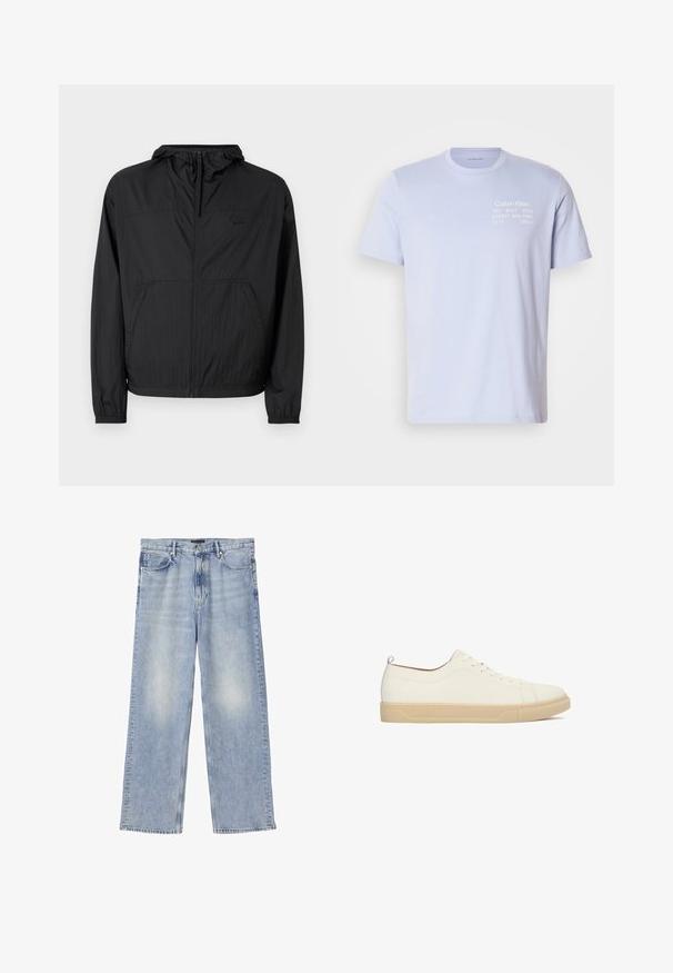 Sort letvægtsjakke med hætte, fuld lynlås, elastiske manchetter og sidelommer. Har et diskret logo på brystet. Tekstureret stof.; Lyseblå bomulds T-shirt med rund hals. Forsiden har hvid tekst: "Calvin Klein 205 WEST 39TH STREET NEW YORK CITY 10018." Korte ærmer.; Lyseblå straight-leg denimjeans med fem lommer, bæltestropper og knaplukning.; Hvide læder sneakers med lav profil, rund tå, flad tan gummisål og snøredesign med seks huller. Har en lille træktab i ryggen.