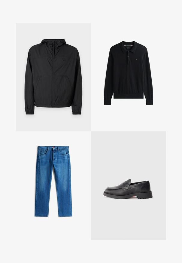 Sort letvægtsjakke med hætte, fuld lynlås, elastiske manchetter og sidelommer. Har et diskret logo på brystet. Tekstureret stof.; Sort langærmet polo-shirt lavet af blødt stof, med en klassisk krave, tre-knaps placket og et lille logo på brystet.; Blå denim jeans med lige ben, fem lommer, knaplukning og subtil falmning på forreste lår.; Sorte læder loafers med en rund tå, en hævet søm og en tyk gummisål. Enkel design med minimal branding på siden.