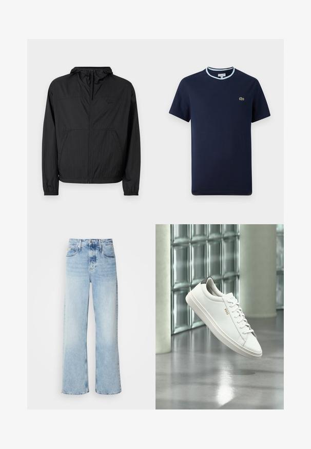 Sort letvægtsjakke med hætte, fuld lynlås, elastiske manchetter og sidelommer. Har et diskret logo på brystet. Tekstureret stof.; Marineblåt T-shirt i bomuld, med en lys blå ribbet halsudskæring. Har et lille grønt krokodille-logo på brystet. Kortærmet design.; Lysblå vide jeans med høj talje, der har en falmet finish, bæltestropper og klassisk fem-lomme design. Kantene er rå.; Hvid læder lav-top sneaker med snørebånd, sort hælflig og "BOSS"-logo, svævende indendørs nær glasblok væg og poleret gulv.