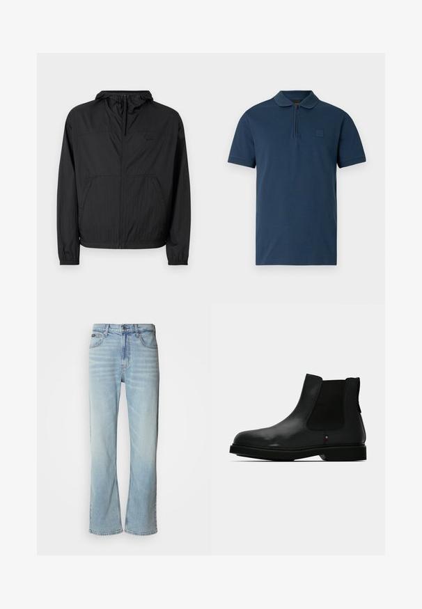 Sort letvægtsjakke med hætte, fuld lynlås, elastiske manchetter og sidelommer. Har et diskret logo på brystet. Tekstureret stof.; Mørkeblå poloshirt med korte ærmer, krave og lynlås foran, med et lille præget logo på venstre bryst.; Lyseblå denimjeans med lige ben, der har fem lommer, knaplukning og en subtil falmning på stoffet.; Sort læder Chelsea-støvle med elastiske sidepaneler, rund tå og tekstureret overdel. Har en flad gummisål og diskret mærkedetalje.