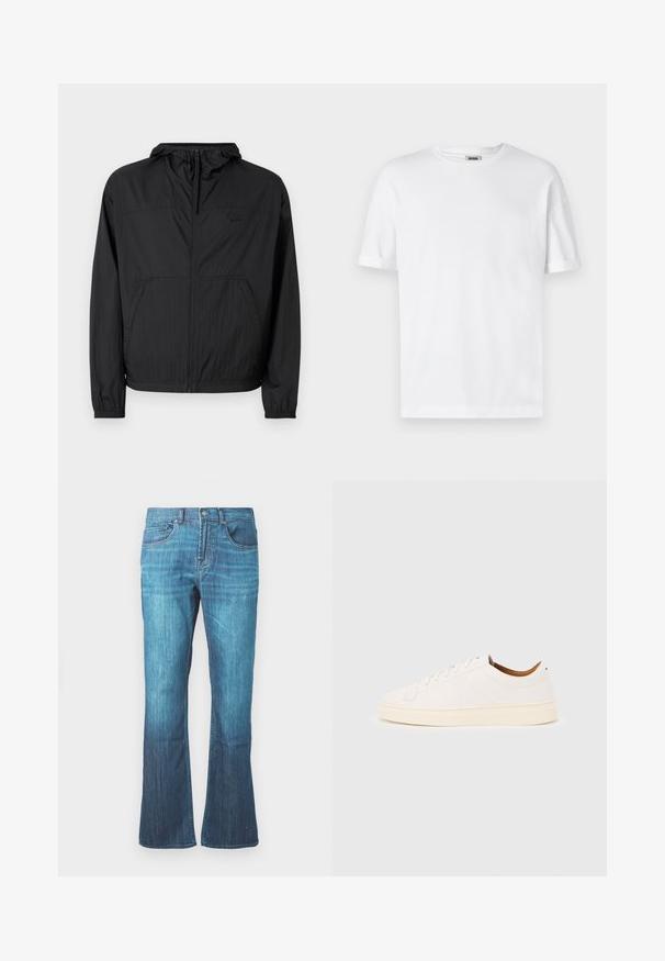Chaqueta ligera negra con capucha, cremallera completa, puños elásticos y bolsillos laterales. Presenta un logotipo sutil en el pecho. Tejido texturizado.; Camiseta de algodón blanca con cuello redondo, mangas cortas y puños enrollados; diseño sin adornos, textura suave y corte recto.; Jeans de denim en lavado azul medio con un ligero acampanado en la parte inferior, diseño clásico de cinco bolsillos y cierre frontal con botón y cremallera.; Zapatilla blanca de corte bajo con diseño de cordones, detalles mínimos de costuras y suela color crema sobre un fondo gris claro.
