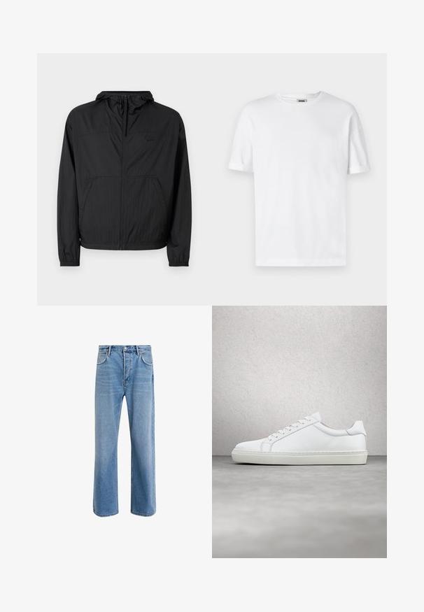 Sort letvægtsjakke med hætte, fuld lynlås, elastiske manchetter og sidelommer. Har et diskret logo på brystet. Tekstureret stof.; Hvid bomulds T-shirt med rund hals, korte ærmer og oprevet manchetter; enkel design, blød tekstur og lige snit.; Lyseblå denim jeans med lige ben-design, fem lommer, knaplukning, minimal falming og kontraststingdetaljer.; Hvide sneakers med en glat læderoverdel og lav profil. Har en rund tå, seks snørehuller og en tekstureret gummisål.