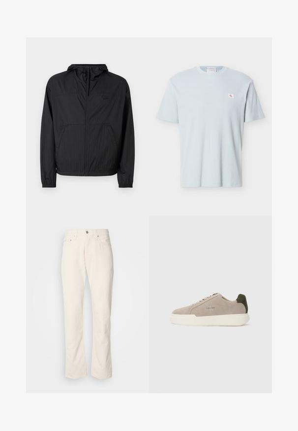 Chaqueta ligera negra con capucha, cremallera completa, puños elásticos y bolsillos laterales. Presenta un logotipo sutil en el pecho. Tejido texturizado.; Camiseta de manga corta de punto waffle azul claro con cuello redondo y pequeño parche con el logo "CK" en rojo y blanco en el lado izquierdo del pecho.; Jeans de algodón color beige con un diseño clásico de pierna recta, que cuentan con un cierre frontal de botón, cinco bolsillos y detalles de costura sutiles.; Zapatillas de piel de ante beige con suela de goma blanca, que presentan un acento en el talón de color verde oscuro y un sutil logo en el lateral.