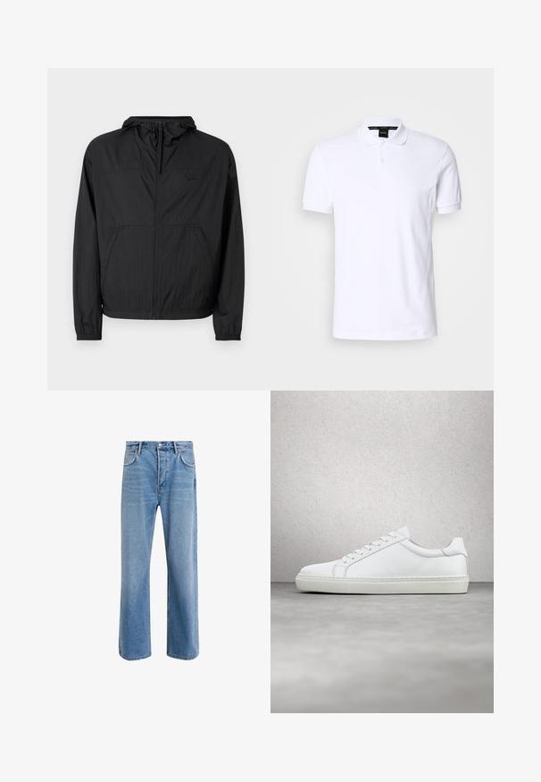Sort letvægtsjakke med hætte, fuld lynlås, elastiske manchetter og sidelommer. Har et diskret logo på brystet. Tekstureret stof.; Hvid polo-shirt i bomuld med korte ærmer, krave og tre-knaps lukning. Subtil logo detalje på brystet. Glat tekstur.; Lyseblå denim jeans med lige ben-design, fem lommer, knaplukning, minimal falming og kontraststingdetaljer.; Hvide sneakers med en glat læderoverdel og lav profil. Har en rund tå, seks snørehuller og en tekstureret gummisål.