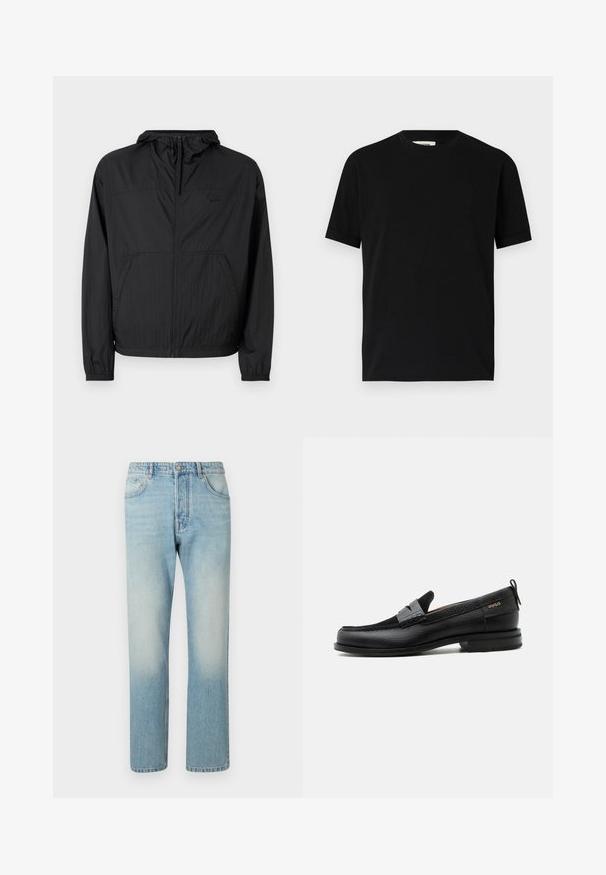 Sort letvægtsjakke med hætte, fuld lynlås, elastiske manchetter og sidelommer. Har et diskret logo på brystet. Tekstureret stof.; Sort kortærmet t-shirt lavet af bomuld med rund halsudskæring og løs pasform. Glat tekstur, ingen mønstre eller synlige logoer.; Lyseblå jeans lavet af denim, med et lige ben-design, fem lomme-struktur og falmet vaskeffekt ved lårene.; Sort læderloafer med grå remdetalje, lav hæl og tekstureret sål, mærket med "HUGO" i guld på siden.