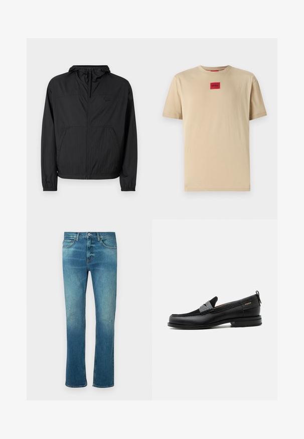 Sort letvægtsjakke med hætte, fuld lynlås, elastiske manchetter og sidelommer. Har et diskret logo på brystet. Tekstureret stof.; Beige bomulds T-shirt med en afslappet pasform, der har et lille rødt "HUGO" logo-patch i midten og en klassisk crew neck.; Blå denimjeans med lige skæring, der har en falmet finish, let slid på knæene og klassisk fem-lomme design.; Sort læderloafer med grå remdetalje, lav hæl og tekstureret sål, mærket med "HUGO" i guld på siden.