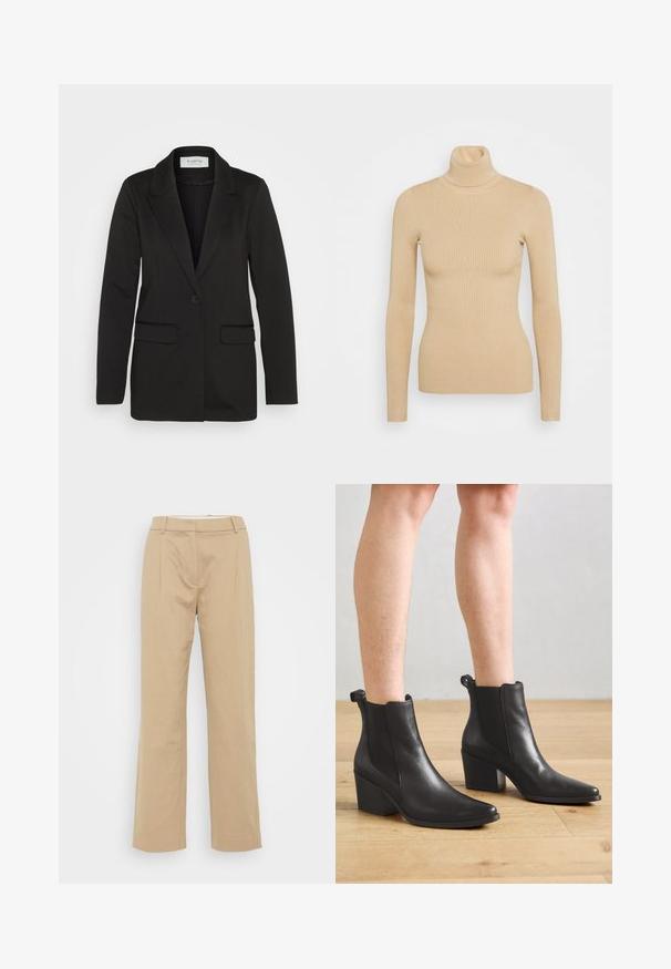 Zwarte blazer van zachte stof, met een enkele knoopsluiting, geknipte revers en twee voorzakken zonder versieringen.; Beige geribde coltrui met lange mouwen, met een aansluitende silhouet en een soepele textuur. Geen zichtbare hardware of patronen.; Beige wijde broek van een gestructureerde stof, met een middelhoge taille, voorplooien en een gestroomlijnd ontwerp.; Zwarte leren enkellaarsjes met een puntige neus en een blokhak. Voorzien van een gladde textuur en trek-lusjes aan de achterkant voor gemakkelijk aan- en uittrekken.
