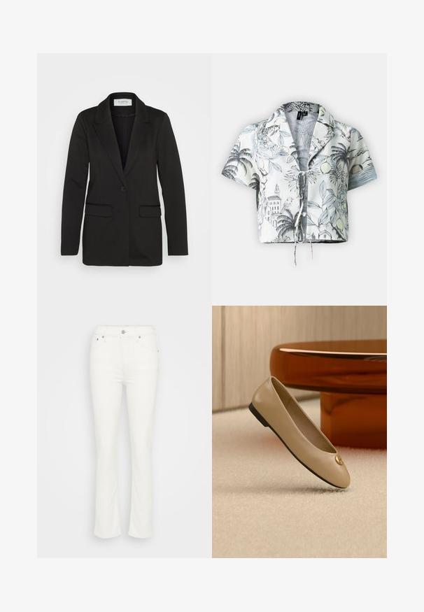 Zwarte blazer van zachte stof, met een enkele knoopsluiting, geknipte revers en twee voorzakken zonder versieringen.; Korte mouw cropped blouse van lichte stof met een bloemen- en architectuurprint, voorzien van een kraag en een striksluiting aan de voorkant. Lichte kleuren overheersen.; Witte denim flared jeans met een middelhoge taille, een sluiting met een knop aan de voorkant en minimale stikdetails, die een gladde textuur bieden.; Beige leren ballerina met zwarte zool en gouden embleem op de teen, geplaatst op een crèmekleurig tapijt naast afgerond amberkleurig meubilair.