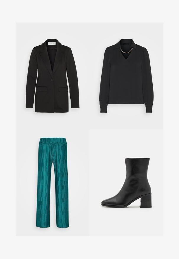 Zwarte blazer van zachte stof, met een enkele knoopsluiting, geknipte revers en twee voorzakken zonder versieringen.; Zwarte blouse met lange mouwen, een V-hals, kraag en opgeblazen mouwen. Voorzien van een kettingaccent bij de halslijn en een gladde stofstructuur.; Teal wijde broek met een getextureerd verticale streep patroon, voorzien van een elastische tailleband en gladde, glanzende stof.; Zwarte leren enkelboot, spitse neus, gladde textuur, middenhoge blokhak, minimalistisch ontwerp en gestikte afwerking langs de kraag.