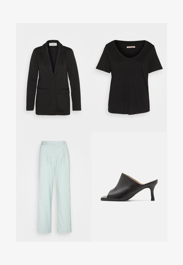 Blazer noir en tissu doux, avec une fermeture à bouton unique, des revers crantés et deux poches avant sans embellissements.; T-shirt en coton noir avec un col en V, des manches courtes et une coupe standard. Il présente un ourlet cousu et une étiquette affichant le nom de la marque, Anna Field.; Pantalons larges bleu clair avec des plis sur le devant, une taille plate et un tissu doux et texturé. Fini lisse et sans motifs visibles.; Selected ASHLEY - Mules à talons - black