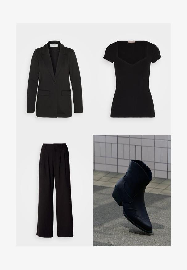 Zwarte blazer van zachte stof, met een enkele knoopsluiting, geknipte revers en twee voorzakken zonder versieringen.; Zwarte geribbelde top met korte mouwen, een diepe vierkante halslijn en een aansluitende silhoutte. Beschikt over een gladde textuur en minimale ontwerpelementen.; Zwarte wijde broek van soepel stof, met plooien aan de voorkant, een aansluitende tailleband en zonder zichtbare patronen of accenten.; Zwarte leren enkellaars met lage hak, decoratieve stiksels en puntige neus, rechtop geplaatst op een betegelde ondergrond naast een betegelde muur.