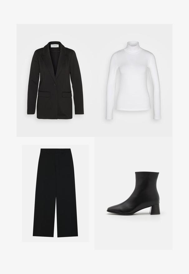 Blazer noir en tissu doux, avec une fermeture à bouton unique, des revers crantés et deux poches avant sans embellissements.; Chemise à col roulé blanc à manches longues en tissu lisse et extensible. Offre une coupe ajustée et un col haut. Pas de motifs ni d'accents visibles.; Pantalons noirs à jambe large en tissu lisse. Dotés d'une taille plate avec passants de ceinture et sans poches visibles. Design simple.; RAID OTTACK - Bottines - black