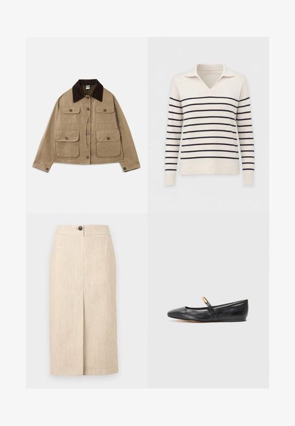 Beige katoenen jas met een donkere corduroy kraag, vier voorzakken, knoopsluiting en lange mouwen. Heeft een relaxte pasvorm.; Crèmekleurige trui met lange mouwen, zwarte horizontale strepen, een V-hals en geribbelde manchetten en zoom.; Beige kokerrok tot op de knie met voorsplit, twee horizontale zijkantenzakken en enkele zwarte knoopsluiting in de taille.; Zwarte leren balletschoenen met een spitse neus, een slanke band en een klein gouden accent nabij de band. Gladde textuur en een lage hak.