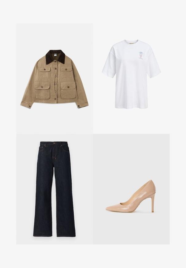 Beige katoenen jas met een donkere corduroy kraag, vier voorzakken, knoopsluiting en lange mouwen. Heeft een relaxte pasvorm.; Witte oversized T-shirt met korte mouwen, met een kleine blauwe en rode kreeftengrafiek en tekst op de bovenste linkerborst.; Donkerblauwe wijde jeans gemaakt van denim, met oranje stiksels, twee voorzakken en een knoopsluiting bij de tailleband.; Beige leren hoge hak pump met spitse neus en slanke stilettohak op een effen witte achtergrond.