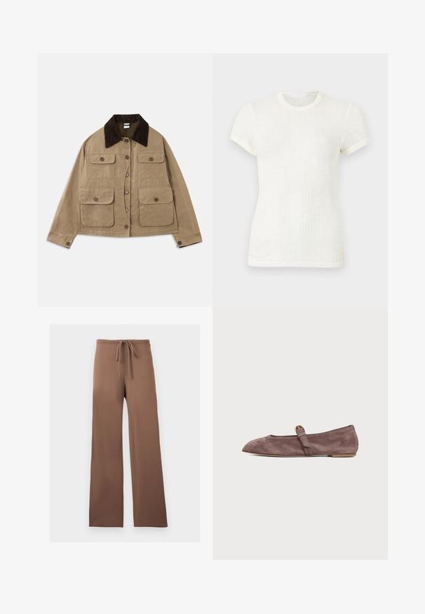 Chaqueta de algodón beige con un cuello de pana oscuro, cuatro bolsillos delanteros, cierre de botones y mangas largas. Presenta un ajuste relajado.; Camiseta blanca de manga corta de punto acanalado con cuello redondo y mangas ligeramente abullonadas.; Pantalones marrones de pierna ancha con cintura de cordón, sin patrones ni logotipos visibles, mostrados planos sobre un fondo claro.; Zapato plano de ante marrón con puntera redondeada y una única correa en la parte superior con una pequeña hebilla dorada.