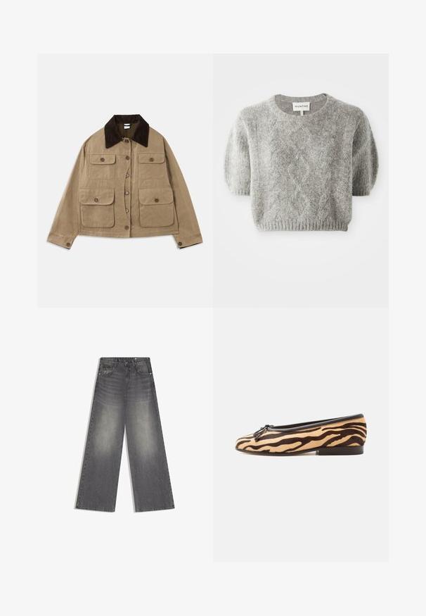 Beige katoenen jas met een donkere corduroy kraag, vier voorzakken, knoopsluiting en lange mouwen. Heeft een relaxte pasvorm.; Grijs kortemouwen pullover trui met kabelbreipatroon en ribbelboord. Gemaakt van een zacht, textuur materiaal. Merklabel zichtbaar bij de hals.; Wijd uitlopende, hooggesneden grijze spijkerbroek met vervaagde details, voorste knoopsluiting en ritssluiting, en zakken, op een witte achtergrond.; Platte ballerinaschoen met tijgerstreep patroon, zwarte rand, klein strikje aan de voorkant en lage gestapelde hak op witte achtergrond.