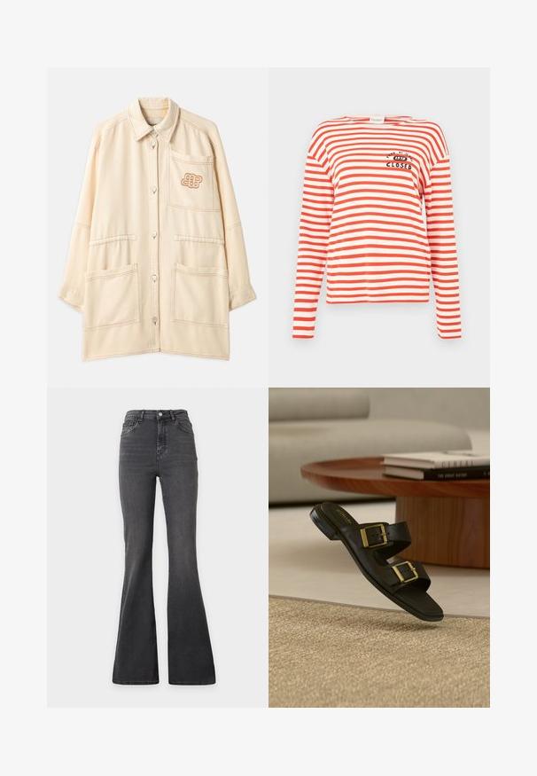 Veste oversize beige en coton avec fermeture à bouton, deux grandes poches avant et un logo brodé sur la poche poitrine.; Chemise à manches longues rayée rouge et blanc, avec un col rond et un logo sur la poitrine. Fabriquée en coton doux avec une coupe décontractée.; Jean flare noir taille haute avec poches avant, fermeture par bouton et zip, présenté sur un fond clair uni.; Sandale en cuir noir à enfiler avec deux boucles dorées, posée dans une pièce moquettée beige près d'une table basse ronde en bois avec des livres empilés.