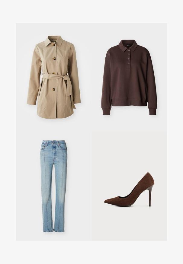 Beige trenchcoat med krave, lange ærmer, tre store knapper, sidelommer og et stofbælte i taljen.; Brun langærmet poloshirt med fire knapper, ribstrikkede ærmeender og ribstrikket kant mod en ensfarvet hvid baggrund.; Lyseblå jeans med høj talje og lige ben, forstærket med syninger foran, knaplukning og fem-lomme design på hvid baggrund.; Brun ruskind højhælet spids pumps med en slank smal stilet hæl på en ensfarvet lys baggrund.