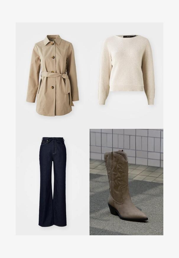 Beige trenchcoat med krave, lange ærmer, tre store knapper, sidelommer og et stofbælte i taljen.; Lys beige strikket sweater med en tekstureret overflade, rund halsudskæring og lange ærmer. Har ribbet kant og manchetter, afslappet pasform.; Mørkeblå brede bukser lavet af denim, med høj talje, forlommer og en bindebåndslukning i taljen.; Høj, beige cowboystøvle i ruskind med dekorative syninger og nitteaccenter, med spids snude og skråsort hæl på fortovet.