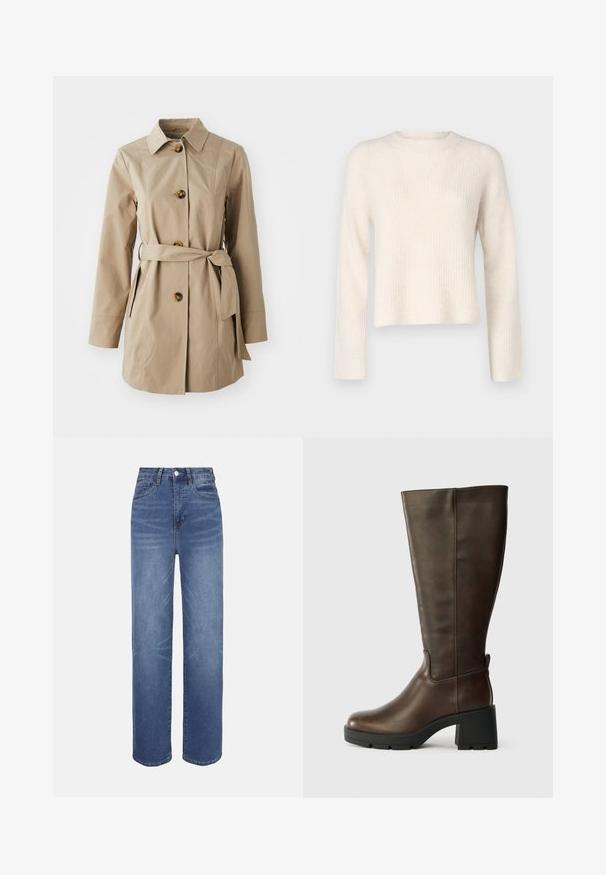 Trench-coat beige avec un col, des manches longues, trois grands boutons, des poches latérales et une ceinture en tissu à la taille.; JDY Knitted JDYINGEBORG Knitted - Pullover - pumice stone; Jean en denim bleu clair à taille haute, coupe droite, style cinq poches, avec des détails de décoloration subtils sur l'ensemble du tissu.; Bottine en cuir marron jusqu'au genou avec un talon épais noir et une finition texturée. Présente un bout rond et des détails de couture latérale subtils.