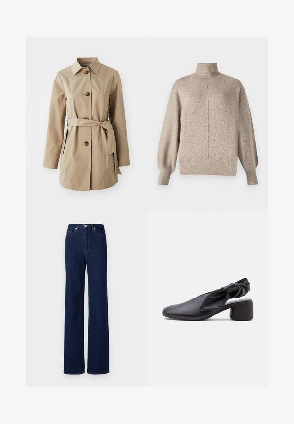 Beige trenchcoat med krave, lange ærmer, tre store knapper, sidelommer og et stofbælte i taljen.; Vero Moda VMDOFFY - Striktrøje - sepia tint; Mørkeblå denim jeans med høj talje, bred benudskæring og klassisk fem-pocket design. Afsluttet med kontrastsyning og en metalknap.; Sort læder slingback-sko med rundet tå, detaljer med knyttet rem og lav blokhæl på hvid baggrund.
