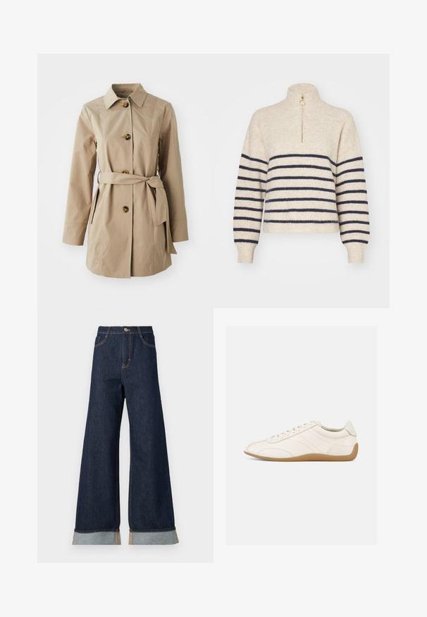 Beige trenchcoat med krave, lange ærmer, tre store knapper, sidelommer og et stofbælte i taljen.; Beige sweater med marineblå vandrette striber, høj krave og halv-zip lukning. Fremstillet af et tekstureret strikket stof med ribbede manchetter.; Bredde ben mørk denim jeans med orange syninger, med høj talje, to forlommer og opbrettede manchetter, der viser et lysblåt kontraststof.; Hvid lædersneaker med en glat tekstur, rund tå og tonale syninger. Har en tanfarvet gummisål og snørebånds-lukning.