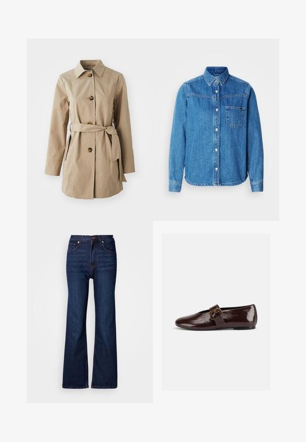 Beige trenchcoat med krave, lange ærmer, tre store knapper, sidelommer og et stofbælte i taljen.; Blå denim skjorte med knapper, krave, brystlomme og hvide knapper. Har en let buet kant og lange ærmer.; Vida, mørkeblå denimjeans med fem lommer, knaplukning og kontrastsyningsdetaljer. Glat tekstur med et robust udseende.; Mørkebrun laklædersko med stor guldlås og rund tå, vist i sideprofil på hvid baggrund.