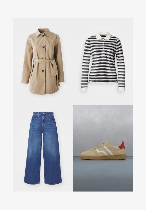 Trench-coat beige avec un col, des manches longues, trois grands boutons, des poches latérales et une ceinture en tissu à la taille.; Polo à manches longues avec rayures bleu marine et blanches, en coton, patte de boutonnage à trois boutons et poignets côtelés. Design classique avec col.; Jean en denim bleu taille haute avec jambes larges, passants de ceinture, bouton avant, fermeture éclair, poches avant et poche à pièces.; Baskets en daim beige avec un accent rouge au talon, des bandes blanches et une semelle en caoutchouc texturée beige clair. Muni de lacets et d'un intérieur lisse.