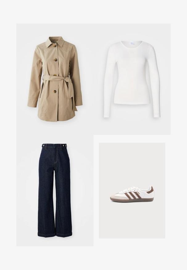 Beige trenchcoat med krave, lange ærmer, tre store knapper, sidelommer og et stofbælte i taljen.; Hvid langærmet skjorte lavet af et blødt, glat stof; har en rund halsudskæring og en tætsiddende facon uden mønstre eller pynt.; Mørkeblå vide jeans lavet af denim, med høj talje, fem-pocket design og kontrasterende orange syninger.; Hvid Adidas Samba sneaker med brune ruskindstriber, brun ruskindstå og gummisål på en lys grå baggrund.