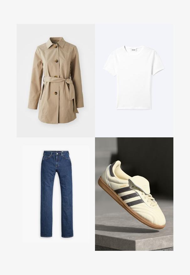 Beige trenchcoat med krave, lange ærmer, tre store knapper, sidelommer og et stofbælte i taljen.; Ensfarvet hvid t-shirt med korte ærmer og rund halsudskæring med en lille "WEEKDAY" label indeni halskanten, vist fladt på en lys baggrund.; Levi's® MOJ MIJ PLANK STRAIGHT - Jeans Straight Leg - stems; Cremefarvede lædersneakers med tre mørke striber, en brun gummisål og en afrundet tå. Har en foldbar tunge mærket "SAMBA."
