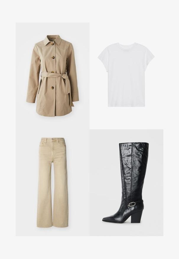 Trench-coat beige avec un col, des manches longues, trois grands boutons, des poches latérales et une ceinture en tissu à la taille.; T-shirt blanc à manches courtes, col rond, coupe décontractée, en tissu de coton doux. Texture lisse, sans motifs ni logos.; Jean beige taille haute, jambe large, avec bouton et fermeture éclair à l'avant, poches avant et arrière, et passants pour ceinture sur fond blanc.; Bottes noires montantes en cuir brillant, avec un bout pointu, une forme structurée, et une sangle décorative avec une boucle en argent.