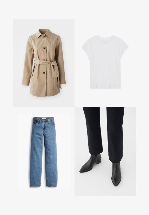 Trench-coat beige avec un col, des manches longues, trois grands boutons, des poches latérales et une ceinture en tissu à la taille.; T-shirt blanc à manches courtes, col rond, coupe décontractée, en tissu de coton doux. Texture lisse, sans motifs ni logos.; Jean en denim bleu clair avec une coupe droite, cinq poches, couture visible et une texture légèrement délavée. Fermeture standard par bouton et zip.; Bottines en cuir noir à bout pointu, avec un talon épais et des panneaux latéraux texturés, portées avec un pantalon sombre sur fond blanc.