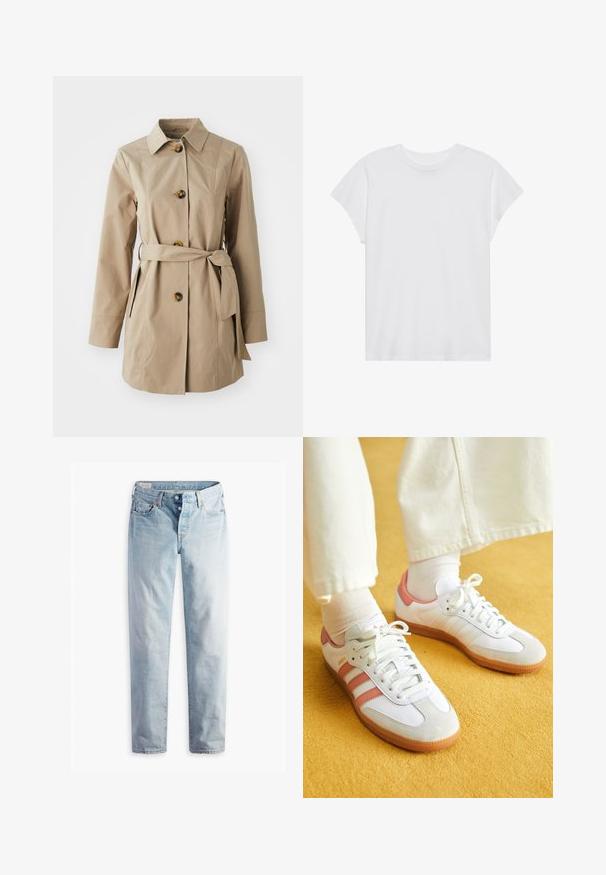 Beige trenchcoat med krave, lange ærmer, tre store knapper, sidelommer og et stofbælte i taljen.; Hvid kortærmet t-shirt med rund hals, afslappet pasform, lavet af blødt bomuldsstof. Glat tekstur, ingen mønstre eller logoer.; Lyseblå denimjeans med lige ben, fem lommer og metal-knapper i en standard livvidde.; Hvide sportsko med lyserøde accenter, lavet af ruskind og læder, rund tå og gummisål, vist med lyse sokker på en gul baggrund.