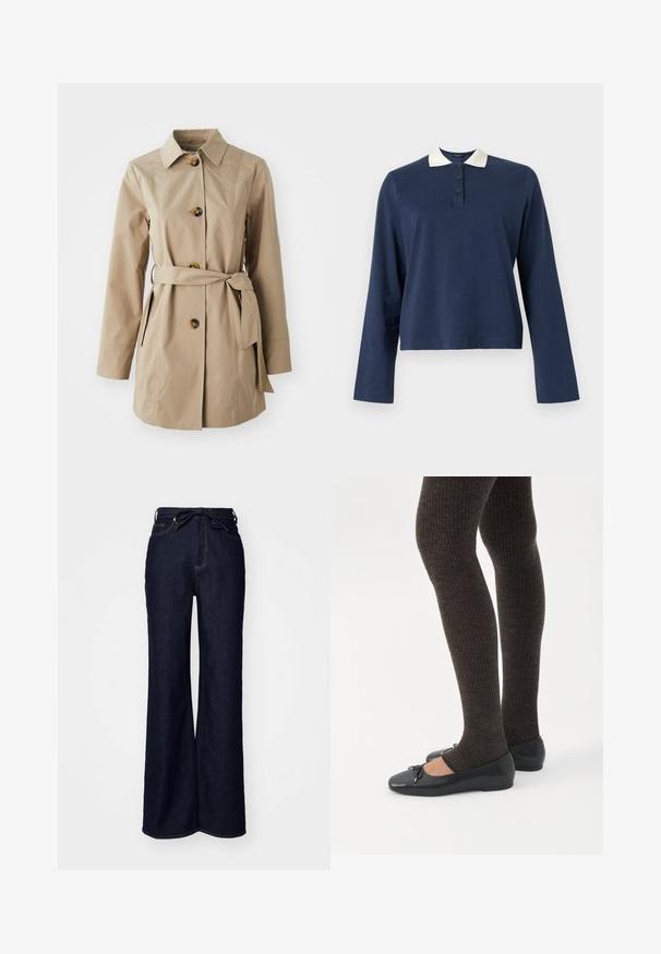 Beige trenchcoat med krave, lange ærmer, tre store knapper, sidelommer og et stofbælte i taljen.; Marineblå langærmet poloshirt med hvid krave og tre-knaps stolpelukning, vist på en ensfarvet baggrund.; Mørkeblå brede bukser lavet af denim, med høj talje, forlommer og en bindebåndslukning i taljen.; Ben iført mørke ribbede leggings kombineret med sorte balletsko med små sløjfedetaljer på hvid baggrund.