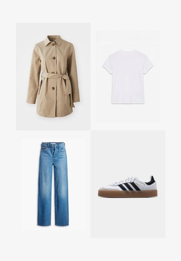 Beige trenchcoat med krave, lange ærmer, tre store knapper, sidelommer og et stofbælte i taljen.; Hvid kortærmet t-shirt i bomuld med rund hals, lagt fladt på en hvid baggrund.; Blå denimjeans med høj talje, vidde ben og fem lomme-design. Har en knaplukning og en falmet finish.; Hvide lædersneakers med sorte striber, gummirubber sål, rund tå, snørelukning og blød grå ruskinds tåhætte.