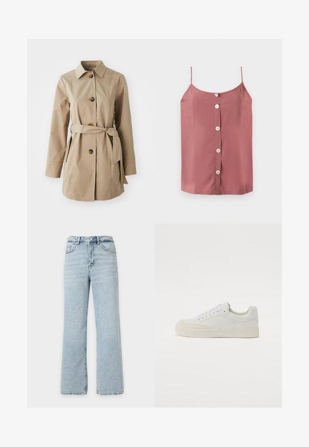 Beige trenchcoat met een kraaghals, lange mouwen, drie grote knopen, zijzakken en een stoffen riem in de taille.; Mouwloos topje in stoffig roos met dunne bandjes en vier witte knopen middenvoor op een effen achtergrond.; Lichtblauwe jeans met hoge taille en rechte pijpen, met knoop en rits aan de voorkant, riemlussen en een ontwerp met vijf zakken op een effen achtergrond.; Witte leren sneaker met een laag profiel, ronde neus, geperforeerde accenten, platte veters en een rubberen zool. Minimalistisch ontwerp met beige details.