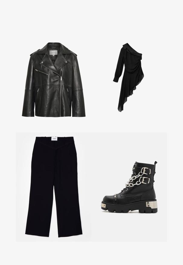 Veste en cuir noire avec un large col cranté, une fermeture éclair frontale asymétrique et plusieurs poches zippées. Texture lisse et coupe ajustée.; Robe noire en tissu fluide, avec un design asymétrique à une épaule, un devant drapé, une longue manche et un ourlet inégal.; Pantalons larges noirs en tissu lisse. Dotés d'une taille plate avec passants de ceinture et d'une finition soignée aux ourlets.; Koi Footwear SHACKLED SHADOWS HEAVY DUTY CHAIN - Bottines de cowboy / motard - black