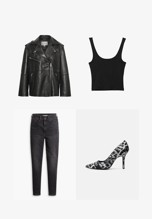 Sort læderjakke med bredt revers med hak, asymmetrisk frontlynlås og flere lynlåslommer. Glat tekstur og tætsiddende design.; Sort cropped tank top med brede skulderstropper, lavet i blødt materiale, med en glat tekstur og et minimalistisk design.; Højtaljede sorte jeans lavet af denim, med slim fit, fem-lomme design og dobbeltknapslukning. Diskret falming og ingen pynt.; Sort-hvid leopardprint højhælet pumpe med spids tå og en sort rem foran på en ensartet lys baggrund.