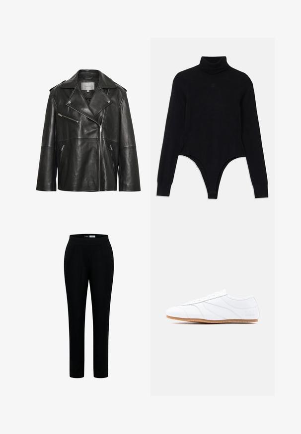Sort læderjakke med bredt revers med hak, asymmetrisk frontlynlås og flere lynlåslommer. Glat tekstur og tætsiddende design.; Sort turtleneck bodysuit lavet af blødt stof, med lange ærmer, en tætsiddende pasform og en bunde i thong-stil for en strømlinet silhuet.; Sorte slim-fit bukser med elastisk talje og sidelommer, mærket "Cecil Pants."; Hvid lavtstående sneaker med snøresystem, glat læderoverdel, diskrete syninger og lysbrun gummisål.