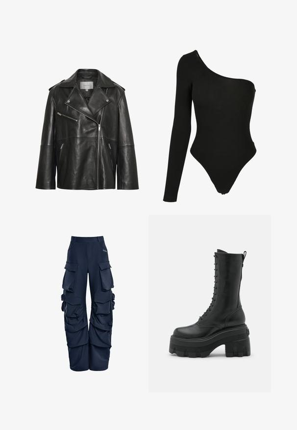 Sort læderjakke med bredt revers med hak, asymmetrisk frontlynlås og flere lynlåslommer. Glat tekstur og tætsiddende design.; Sort en-skulder bodysuit lavet af strækbart stof, med en langærmet side, højt skårne benåbninger og en tætsiddende silhuet.; Marine cargo bukser med flere store sidelommer, en afslappet pasform og indsamlede stofdetaljer ved siderne. Lavet af et let materiale.; Sort læder snørebod med en høj platformsål, der har en rund tå, lynlås i siden og tekstureret sål for bedre greb.