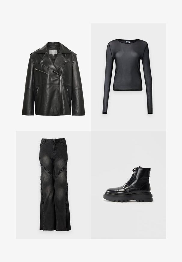Veste en cuir noire avec un large col cranté, une fermeture éclair frontale asymétrique et plusieurs poches zippées. Texture lisse et coupe ajustée.; Haut noir à manches longues en maille transparente avec col rond et silhouette ajustée, présenté sur un fond uni.; Jean en denim noir avec une coupe large, présentant des accents en chaîne le long des coutures latérales et une fermeture à bouton et à zip à la taille.; Bottine en cuir noir avec finition texturée, présentant un design à lacets, des accents en métal et une épaisse semelle en caoutchouc avec un profil prononcé.