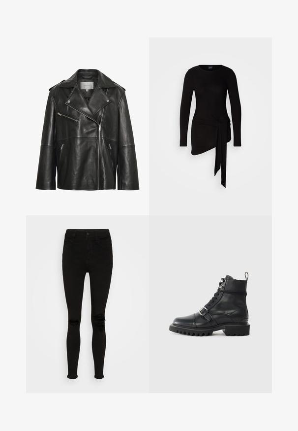 Veste en cuir noire avec un large col cranté, une fermeture éclair frontale asymétrique et plusieurs poches zippées. Texture lisse et coupe ajustée.; Haut noir à manches longues en tissu doux et extensible ; doté d'un nœud sur le côté et d'un ourlet asymétrique.; American Eagle SUPER HIGH RISE - Jegging - black wash; Botte en cuir noir à cheville avec un bout rond, fermeture à lacets à l'avant, détail de boucle et semelle épaisse et robuste. Présente des accents en métal argenté.