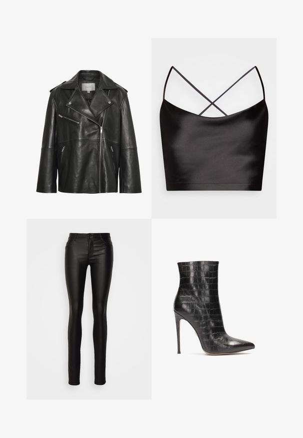 Sort læderjakke med bredt revers med hak, asymmetrisk frontlynlås og flere lynlåslommer. Glat tekstur og tætsiddende design.; Even&Odd by Zalando Top - black; ONLY Tall ONLHELLA REG - Jeans Skinny Fit - black; Sorte læder ankelstøvler med krokodilleskinds tekstur, spidse tæer og høj stilettohæl, der har en blank finish.