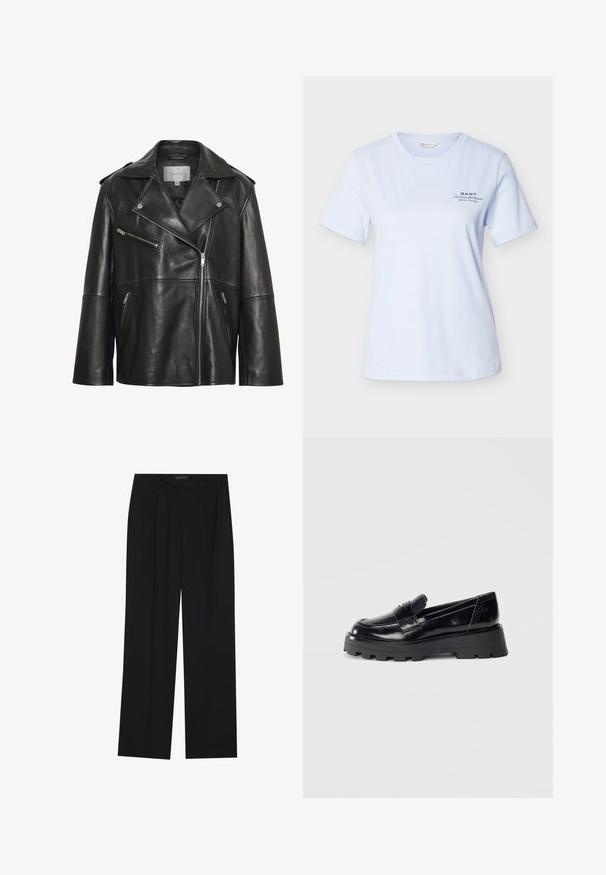 Sort læderjakke med bredt revers med hak, asymmetrisk frontlynlås og flere lynlåslommer. Glat tekstur og tætsiddende design.; Lyseblå kortærmet T-shirt med rund hals og "GANT American Sportswear New Haven" logo på venstre bryst.; Sorte bukser med en lige ben-design, der har to forlommer og en talje. Lavet af et glat, let stof.; Sort platform loafers med tyk sål, pengebelte, dekorative perforeringer og poleret læderfinish, vist i sideprofil.