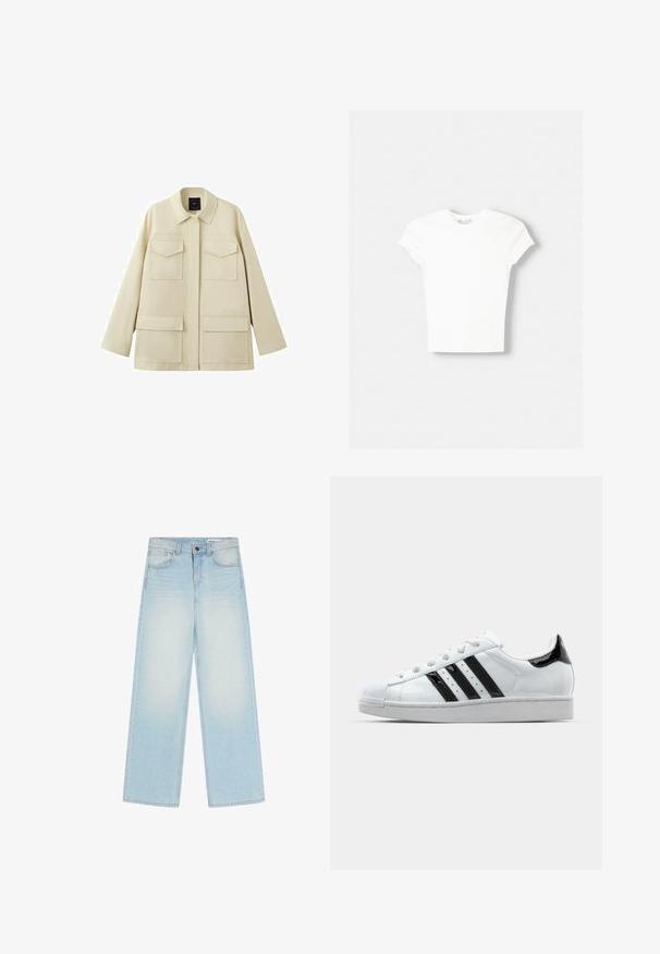 Veste beige à manches longues avec quatre poches à rabat sur le devant et un col classique, présentée sur un fond blanc.; T-shirt blanc à manches courtes en coton doux, avec un col rond et une coupe ajustée. Pas de motifs ni d'ornements visibles.; Jean en denim bleu clair à jambes larges avec bouton et fermeture éclair à l'avant, passants pour ceinture et poches avant sur fond blanc.; Baskets blanches avec des accents en cuir verni noir, trois rayures noires et un capuchon en caoutchouc à l'avant. Dotées de lacets blancs et d'une tige en cuir lisse.